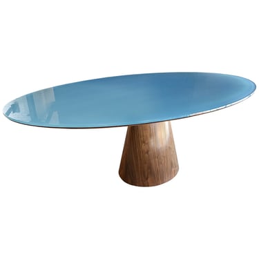 Custom Mid Century Style Walnut Oval Dining Table with Pedestal Base and Glass Top