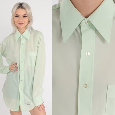 Mint Green Shirt 70s Button up Dagger Collar Shirt Semi-Sheer Long Sleeve Top Disco Retro Pastel Plain Vintage 1970s Men's Medium 15 1/2 