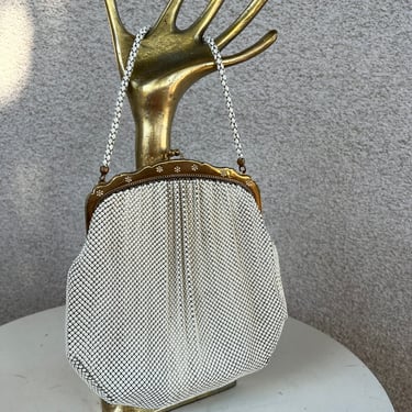 Vintage white mesh purse handbag clutch with gold rim by Whiting and Davis LTD. 