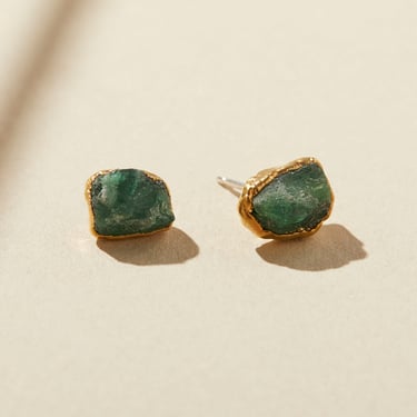 raw green emerald stud earrings, natural emerald raw gem earrings gold, may birthstone jewelry gift, emerald anniversary jewelry for her 