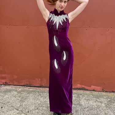 1970s Purple Velvet Dress with Silver Beads and Sequins 