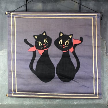 Antique Hand Printed Fabric Wall Hanging | Black Cat Wall Hanging | Vintage Wall Decor | Vintage Halloween | Bixley Shop 