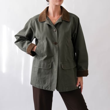 Vintage 90s L.L. BEAN Olive Green Chore Jacket w/ Chocolate Brown Corduroy Collar & Cuffs | 100% Cotton | 1990s Designer Outdoor Work Coat 
