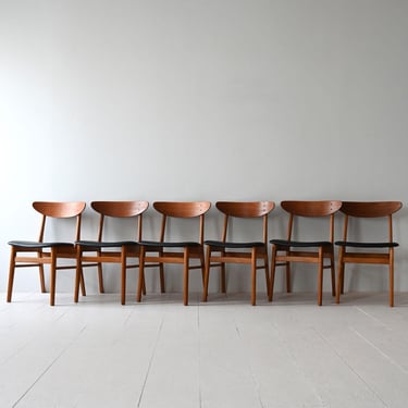 Set of 6 Danish Mid-Century Teak Chairs with Black Faux Leather Upholstery 