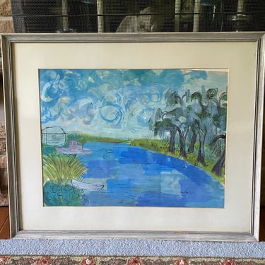 Frank Vavruska Artist titled “ bayou “ watercolor painting~  Certified Original Painting~ Wisconsin artist from Antigo, water and boat scene 