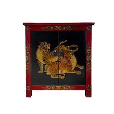 Tibetan Oriental Black Red Double Tigers End Table Nightstand cs7598E 
