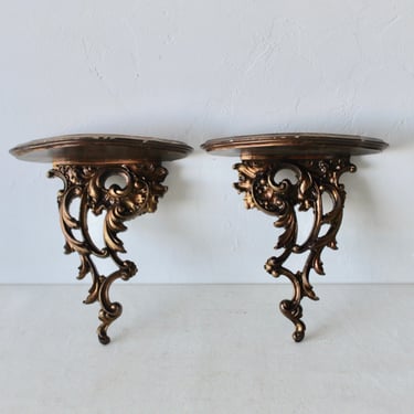 Mid Century Molded Rococo Style Dark Gold Brackets Accent Wall Shelves-a pair 