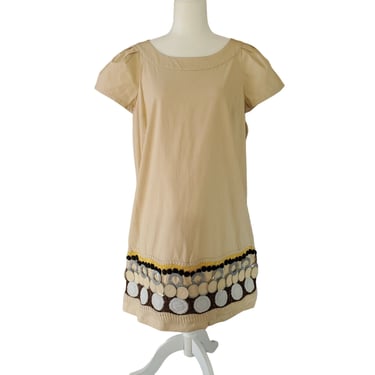 NWT Boho Chic Tan Shift Dress Short Applique Embroidered Short Sleeve M/L 42/10 