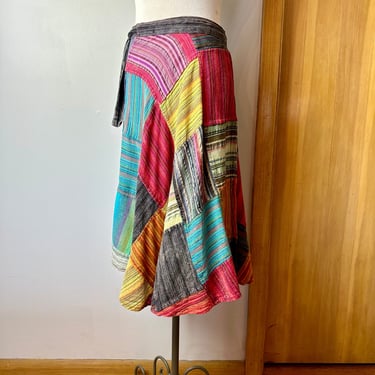 Vintage Wrap skirt~ 100% cotton Patchwork tie dyed hippie girl~ multicolor dead head vibes A line midi / size adjustable 
