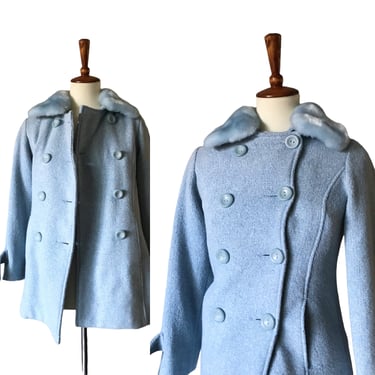 Vintage baby blue faux fur collar double breasted womens coat xs 