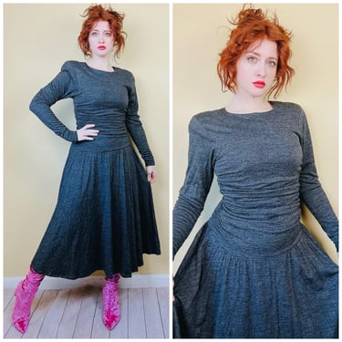 1980s Vintage Grey Wool Ruched Dress / 80s Kathryn Conover Long Sleeve Fit and Flare Dess / Small - Medium 