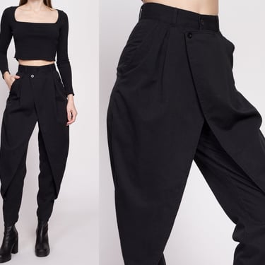 80s Black Wrap Front Parachute Pants - Extra Small, 25" | Vintage High Waisted Utilitarian Baggy Pleated Streetwear Trousers 