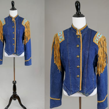 90s Jean Jacket - Real Leather Fringe Beaded Shoulders - As Is Missing Top of One Snap - Phoenix USA Frontier Collection - Vintage 1990s - M 