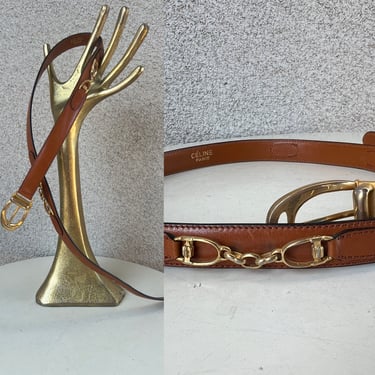 Vintage Celine Paris belt gold accents buckle brown leather fit 28-30” 