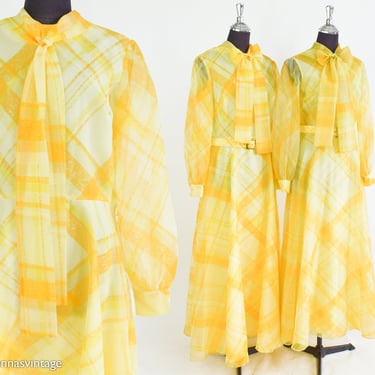 1970s Yellow Plaid Maxi Dress | 70s Yellow Evening Dress | Yellow Bridesmaid Dress | Avalon Classics | Size 10 & 16 