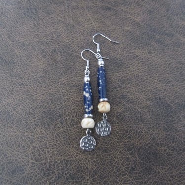 Blue bone earrings, bold statement earrings, tribal earrings, hammered silver, ethnic earrings 