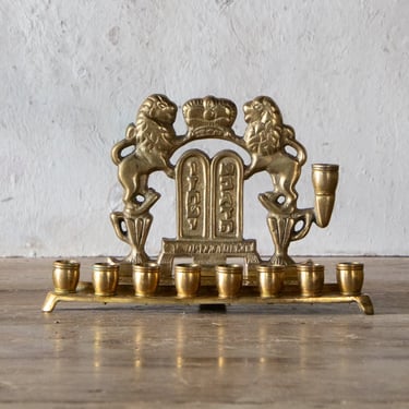 Lions Hanukkah Menorah, Small Vintage Solid Brass Jewish Lions, Ten Commandments, Crown Chanukah Menorah 