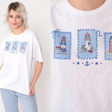 90s Lighthouse T Shirt Graphic Tee Shirt White Nautical Crewneck Tshirt Vintage Retro T Shirt 1990s Morning Sun Large L 
