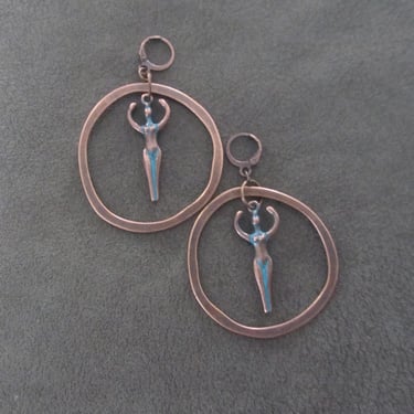 Goddess earrings, artisan copper hoop earrings 