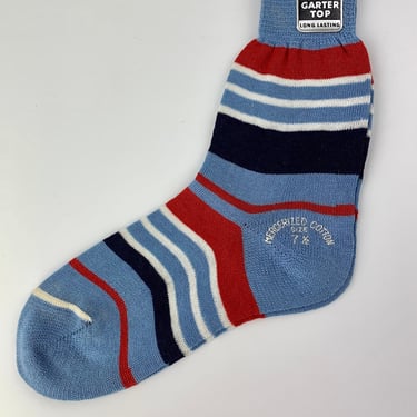 1950'S Crew Socks - All Mercerized Cotton - Blue with Navy, Red & White Stripes - Never Worn - NOS Dead Stock - Size Small 7-1/2 
