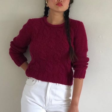 90s cropped sweater / vintage soft fuzzy Italian garnet magenta mohair blend cable knit roll neck cropped snug sweater | Small 