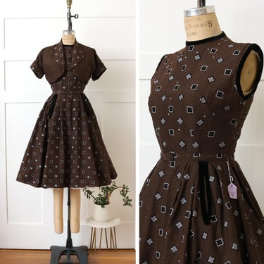 vintage NOS 1950s dress & bolero jacket • new with tags brown flocked cotton • rhinestones nipped waist 