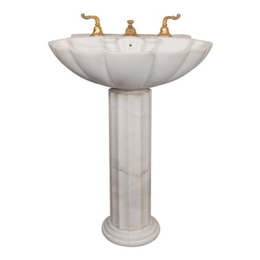 1980s Sheryl Wagner Clamshell White Marble Sink with Gilt Hardware