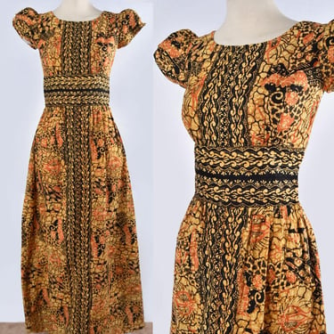 60's Batik Print Long Maxi Dress Vintage 1970's, 1960's Cotton Gold Yellow Hippie Mod 