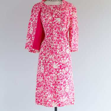 Fabulous Late 1950's Hot Pink Floral Dress &amp; Jacket Set From Razooks / ML
