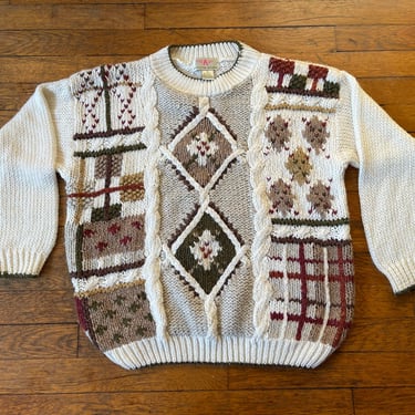 Vintage Patchwork Style Ultra-Soft Ramie Acrylic Pullover Crewneck Sweater by American Weekend 