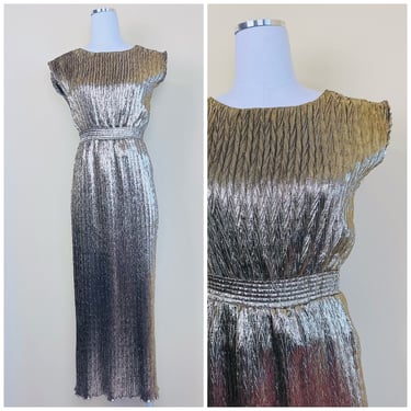1980s Vintage Tumbleweeds Gold Lame skirt Set / 80s / Eighties Metallic Pleated Blouse and Disco Pencil Skirt / Size XS - Small 