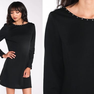 Black Mini Dress 60s 70s Mod Dress Rhinestone Low Back Dress Shift 60s LBD Vintage Long Sleeve Party Plain Simple 1970s Minidress Medium 