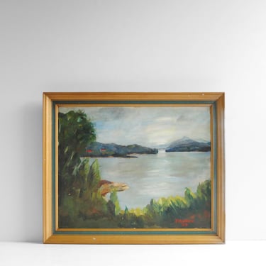 Vintage Original Landscape Painting of a Lake and Mountains 