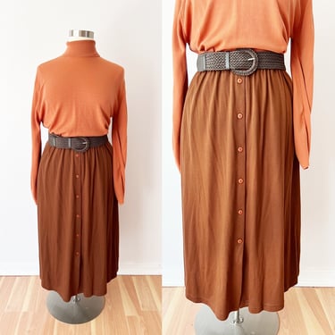 SIZE L / XL 1980s Chocolate Brown Jersey Skirt / 80s Stretchy Brown Button Front Skirt / Midi Length Vintage Skirt Autumn Fall Dark Brown 