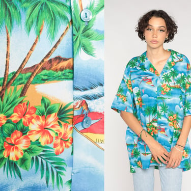 Blue Hawaiian Shirt 90s Tropical Button Up Sailboat Palm Tree Print Top Retro Surfer Vacation Short Sleeve Summer Vintage 1990s Mens 2xl xxl 