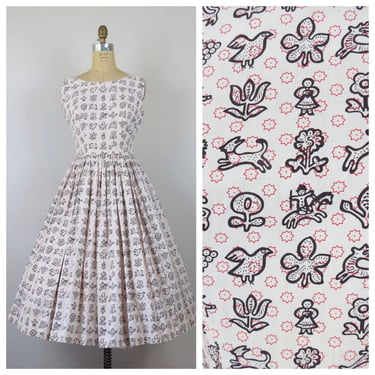 Vintage 1950s Lanz dress, cotton, novelty print, fit and flare, sundress 