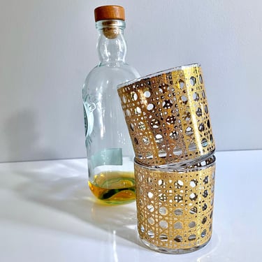 Pair of Vintage, 22 karat Gold Embossed, Cane pattern, Double Old Fashioned or Rocks Glasses by Culver - Mid Century Modern, Glam Cocktails 