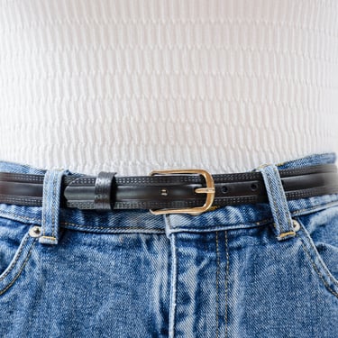 black vegan leather belt | 80s 90s faux leather skinny black vintage belt shiny gold buckle 