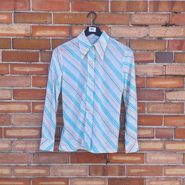 vintage 70s white blue and pink polka dot striped disco blouse / m l medium large 