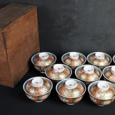 Antique Japan Imari Chawan ceramic cups 1880 wood kiln art craft 
