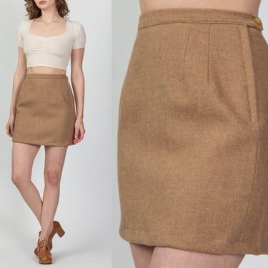 70s Miss Adventure Tan Mini Skirt - Extra Small, 25" | Vintage Minimalist High Waist A Line Wool Miniskirt 
