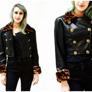 Vintage Black Leather Jacket by North Beach Michael Hoban Military Double Breasted Shearling fur Animal Print Collar and cuffs Size XS Small 