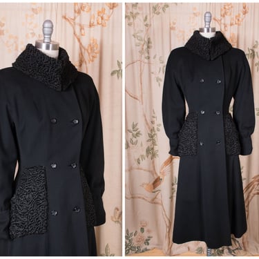 1940s Coat -  Exceptionally Fine Vintage 40s Jet Black Princess Coat with Astrakhan Lamb Trim 