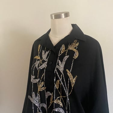 Vintage 80s Rare Geste Cotton Blouse with Elastic Wasist Glitter Embelishments; 80s Gaudy Sequin Floral Button Down Blouse L XL 