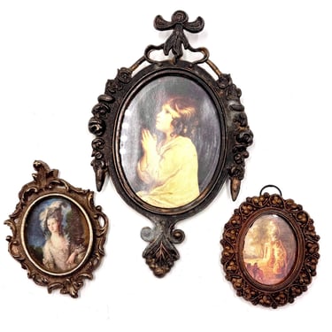 Vintage Made in Italy Brass Frames, SOLD SEPARATELY, Miniature Italian Silk Portrait, Mini Victorian Scene, Small Infant Samuel, MCM Decor 