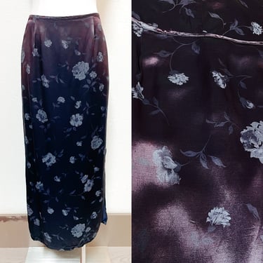 1980s - 1990s Silky Soft Shiny Dark Purple Rose Print Pencil Skirt w Side Slits by California Concepts USA | Vintage, Grunge, Goth, Cute 