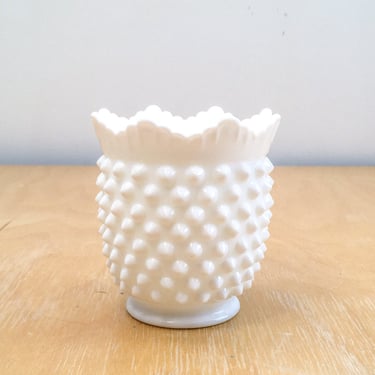Fenton Hobnail Milk Glass Bowl, Small Vintage White Sugar Bowl with Scalloped Edge, Bud Vase or Shabby Chic Trinket Dish 