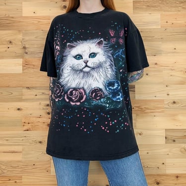 Vintage 90's All Over Print Cat Roses Hearts Black T-Shirt Tee Shirt 