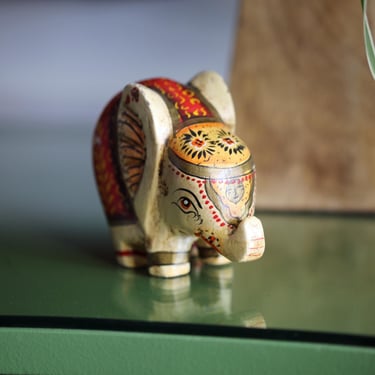 Vintage Hand-Painted Wooden Elephant | Small Indian Folk Art Figurine (4”) | Boho Decor 