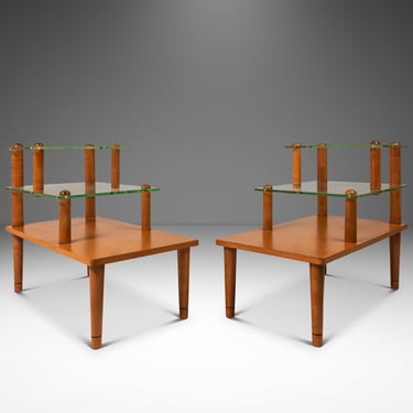 Set of Two ( 2 ) Mid-Century Modern Art Deco Three-Tiered Glass End Tables by Gilbert Rohde for Herman Miller, USA, c. 1930s 